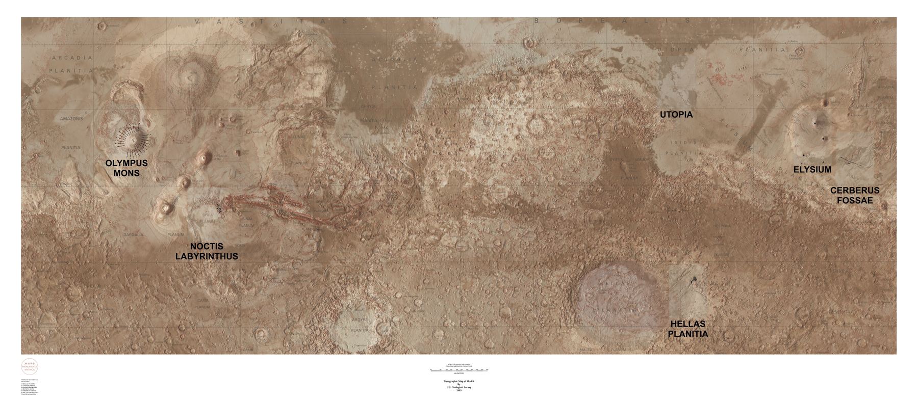 Topographische Marskarte mit den sieben Standorten