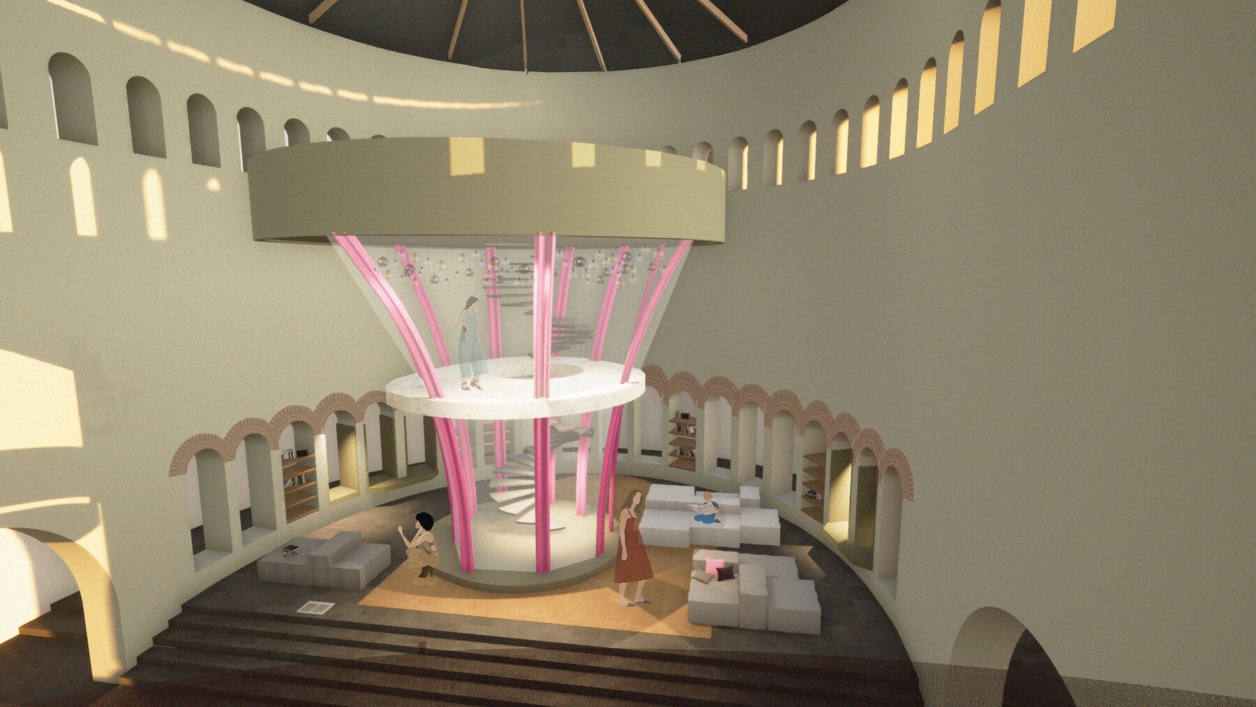 Bibliothek im Rundbau mit Wendeltreppe
