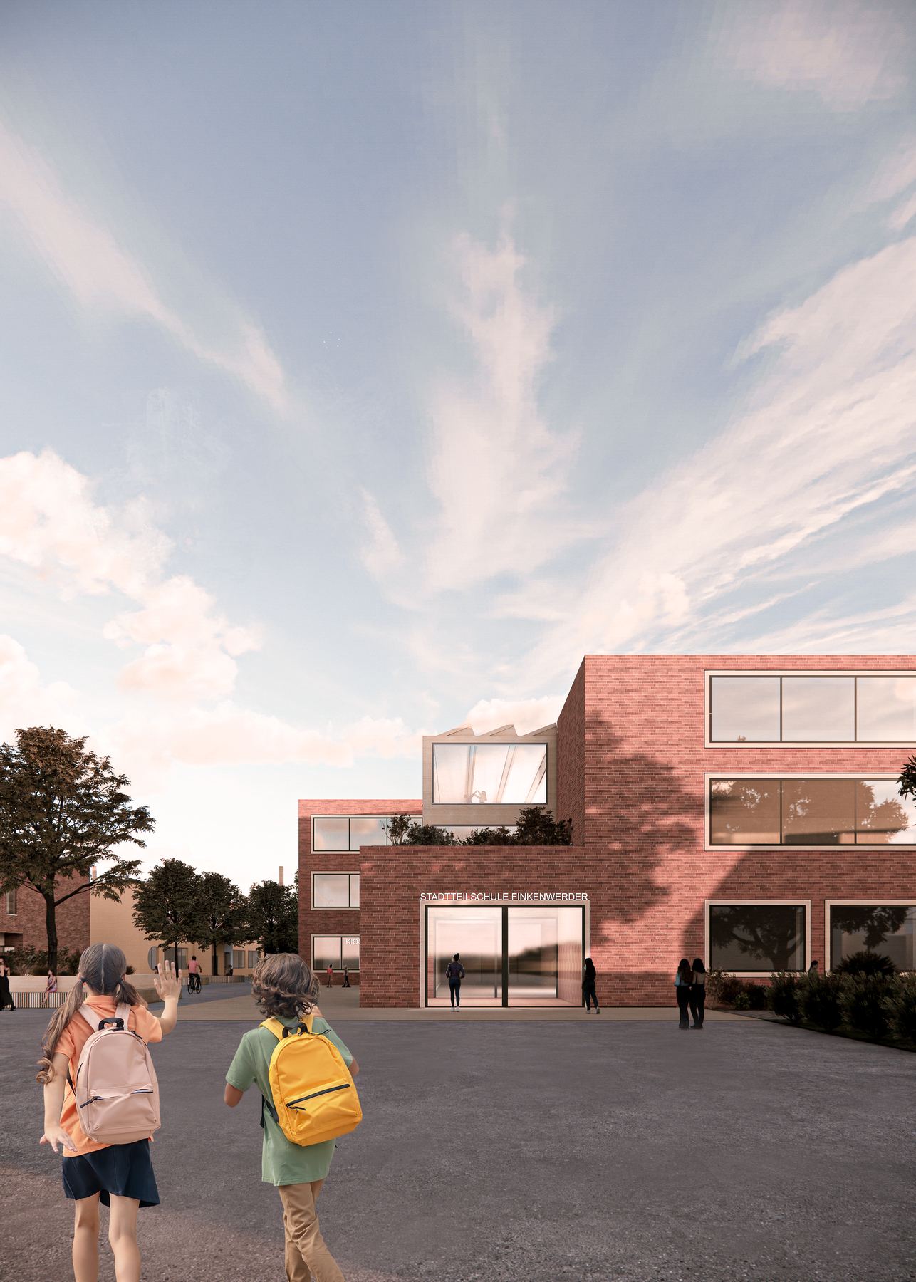 Außenperspektive vom Schulhof mit Haupteingang