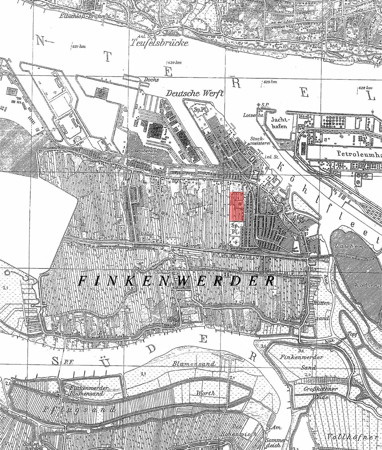 Historische Karte von Finkenwerder mit markiertem Grundstück