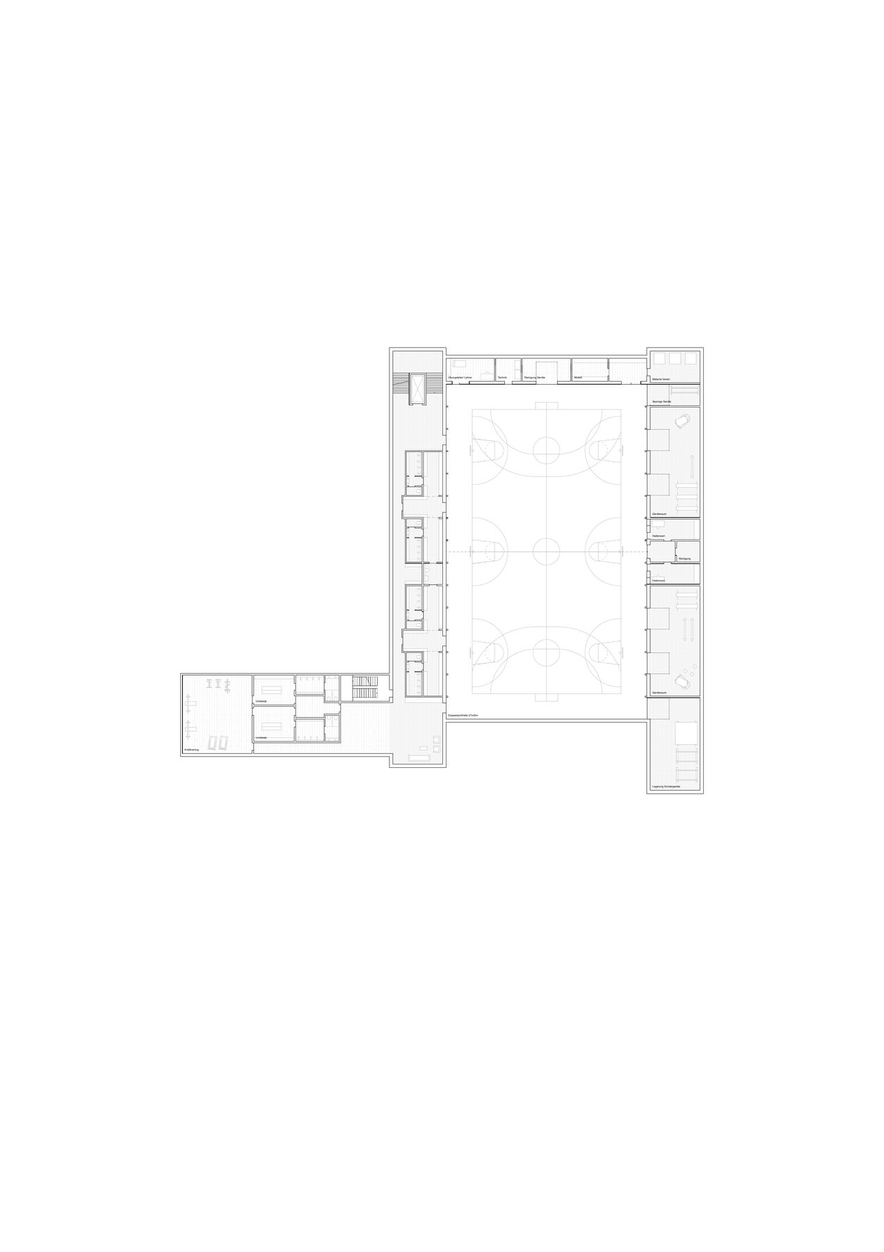 Grundriss Untergeschoss mit Doppelsporthalle, 1:200