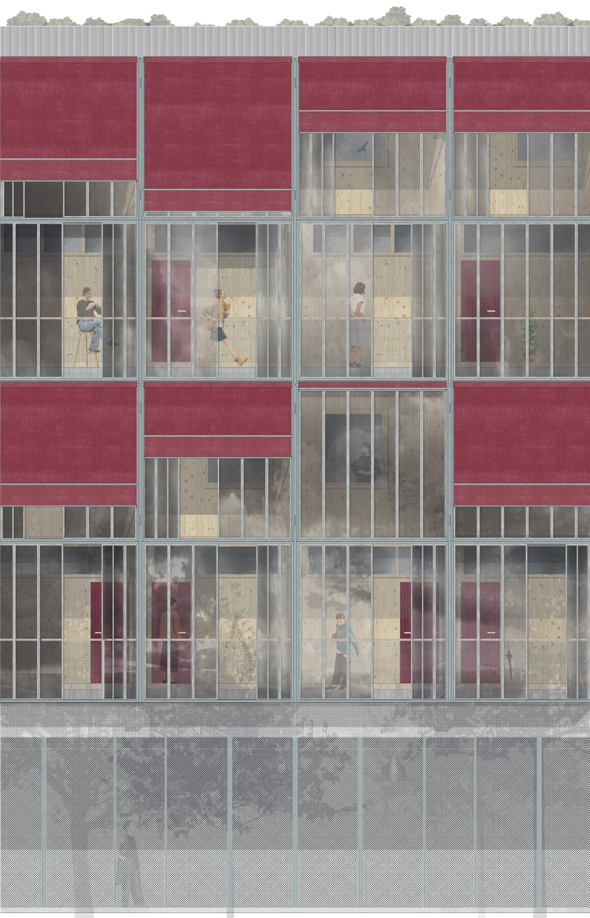 Fassadenausschnitt mit Vorhangfassade, Markisen und Holzmodulen